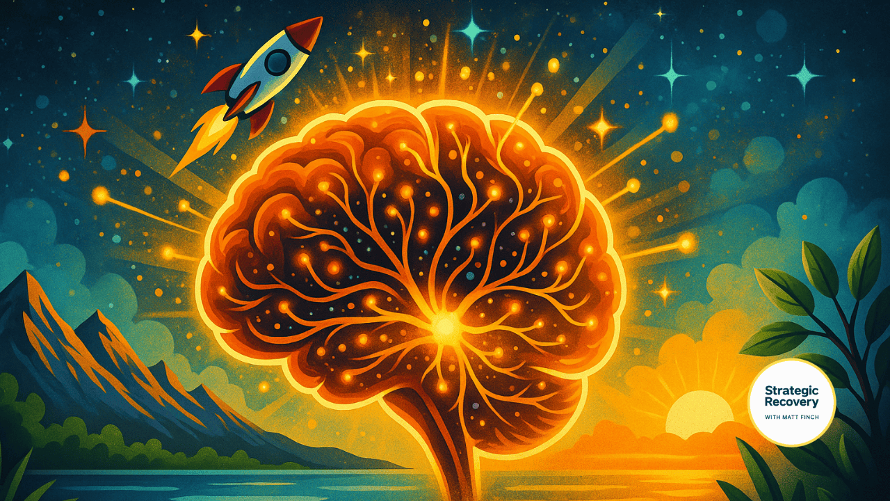Radiant digital artwork of a glowing brain surrounded by cosmic nature elements symbolizing harmony between mind, body, and spirit.