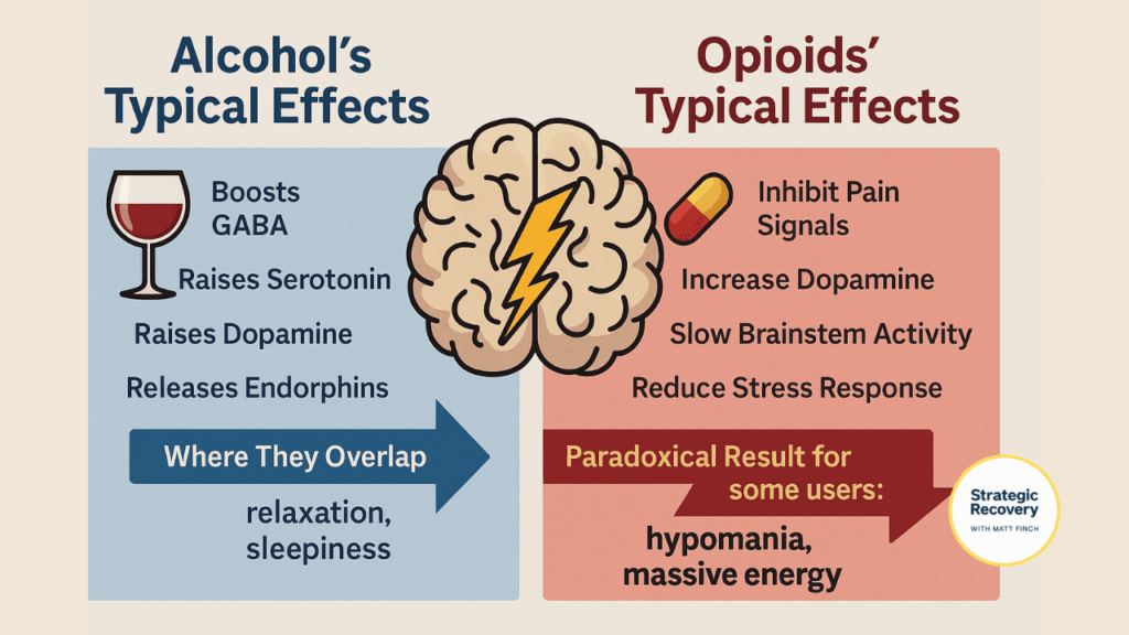Infographic comparing alcohol’s and opioids’ typical effects on the brain — showing overlap in relaxation and sleepiness through GABA, serotonin, dopamine, and endorphin pathways, with paradoxical hypomania and massive energy in some users.