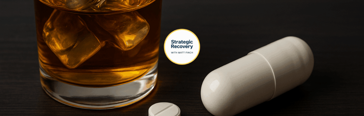 A glass of whiskey beside capsules and tablets on a dark wooden table, symbolizing the concept of Alcohol Replacement Therapy — replacing harmful drinking with science-based, receptor-balancing alternatives for healing and recovery.