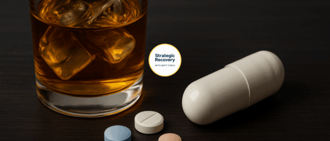 A glass of whiskey beside capsules and tablets on a dark wooden table, symbolizing the concept of Alcohol Replacement Therapy — replacing harmful drinking with science-based, receptor-balancing alternatives for healing and recovery.
