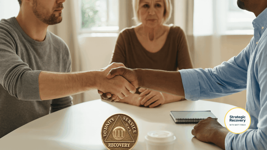 Two people shaking hands during a recovery support meeting, symbolizing community, connection, and accountability, with a recovery coin and coffee cup on the table in warm natural light.