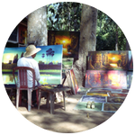 Collage of art, music, and writing elements blending into colorful motion, symbolizing creative flow.