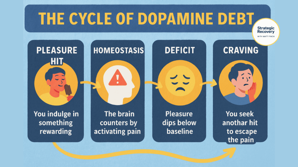 Infographic illustrating the cycle of dopamine debt with four stages—pleasure hit, homeostasis, deficit, and craving—showing how repeated reward-seeking leads to addiction and imbalance.