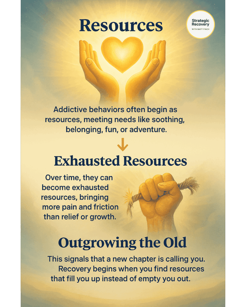 Digital illustration symbolizing the transformation from addiction to freedom — a person walks away from cracked, empty vessels of old relief toward a radiant horizon of light and renewal, representing the moment an “exhausted resource” becomes spiritual awakening.