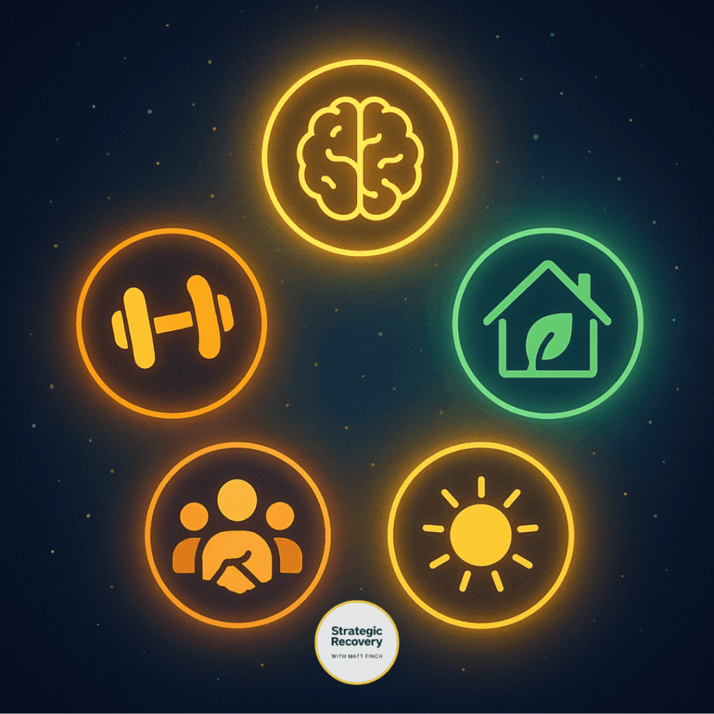 Five glowing icons representing the pillars of Strategic Recovery Capital — physical strength, psychological growth, social support, environmental balance, and spiritual light — arranged in a radiant circular pattern on a dark blue background.