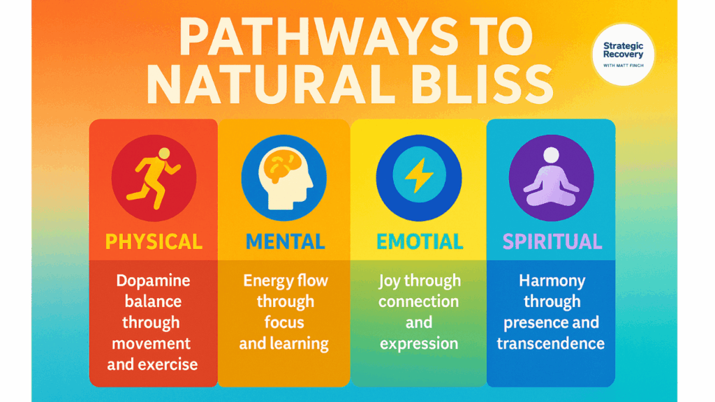 Cosmic infographic showing four radiant energy orbs labeled Physical, Mental, Emotional, and Spiritual surrounding a luminous meditating figure — symbolizing harmony, dopamine balance, and holistic recovery through natural highs.