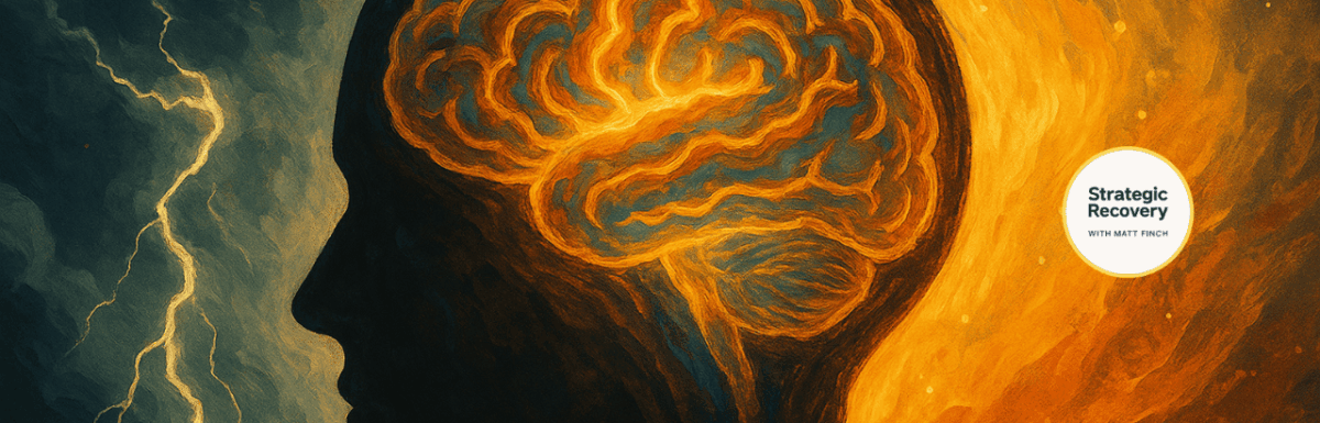 Abstract artwork depicting the transformation from stress to serenity — a human silhouette with a glowing brain surrounded by stormy blue lightning on one side and radiant golden light on the other, symbolizing the journey from nervous system alarm to inner alignment.