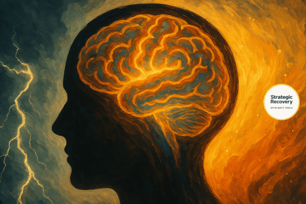 Abstract artwork depicting the transformation from stress to serenity — a human silhouette with a glowing brain surrounded by stormy blue lightning on one side and radiant golden light on the other, symbolizing the journey from nervous system alarm to inner alignment.