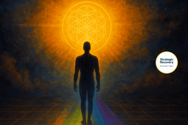 Silhouetted human figure standing on a rainbow energy path with chakras glowing beneath, facing a radiant golden sun with sacred geometry, symbolizing the Game of Consciousness and the path of the spiritual athlete in recovery.