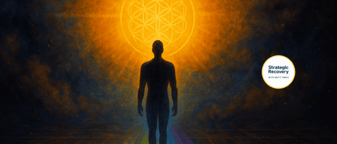 Silhouetted human figure standing on a rainbow energy path with chakras glowing beneath, facing a radiant golden sun with sacred geometry, symbolizing the Game of Consciousness and the path of the spiritual athlete in recovery.