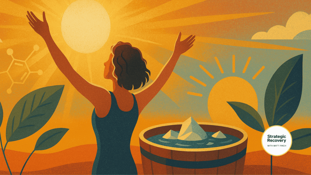 A woman lifts her arms toward a radiant sunrise beside a large cold-plunge tub, golden light streaming across a misty horizon — symbolizing dopamine balance, hormesis, natural highs, and emotional awakening in addiction recovery.