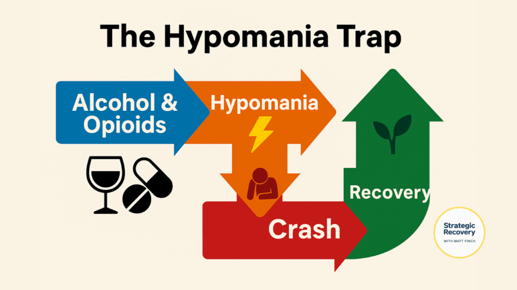 Infographic titled “The Hypomania Trap” showing how alcohol and opioids trigger hypomania, leading to a crash, followed by attempts at recovery — illustrating the addictive cycle of energy, euphoria, and collapse that drives repeated use.