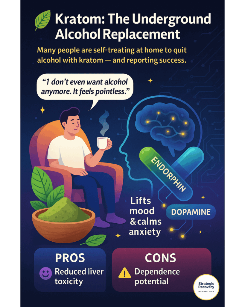 Infographic illustrating how kratom acts as a natural alcohol replacement by activating endorphin and dopamine receptors, supporting mood, calm, and focus through self-treatment and receptor balance.
