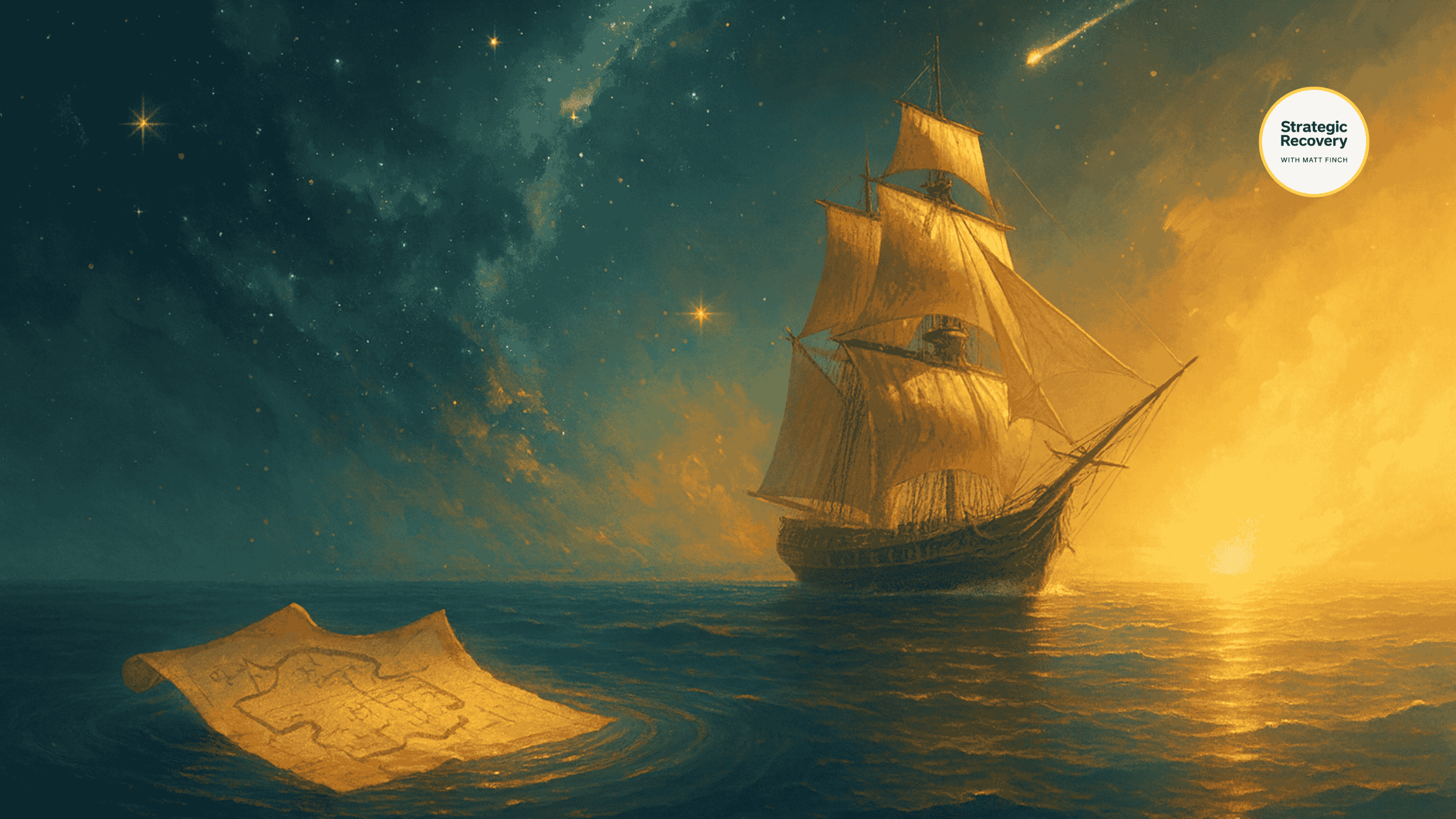 A guided recovery journey shown as a ship on glowing waters, with a captain, map, and cosmic horizon — symbolizing direction, mentoring, and faith in the unseen path.
