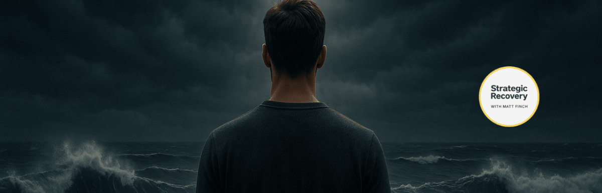 A person standing calmly before stormy ocean waves under dark clouds with light breaking through, symbolizing mastering addiction recovery triggers and relapse prevention.