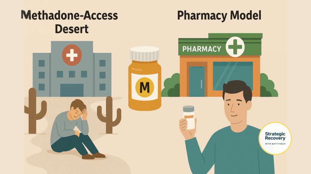 Two-panel illustration comparing methadone access deserts in the U.S. with pharmacy-based models that provide easier access to opioid treatment medications.