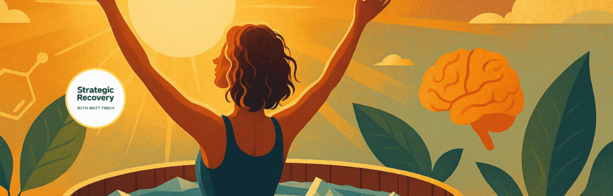 A woman rises from a large cold plunge tub at sunrise, arms raised toward the golden sky as steam and sunlight merge — symbolizing renewal, dopamine balance, and the healing power of hormesis and natural highs in addiction recovery.