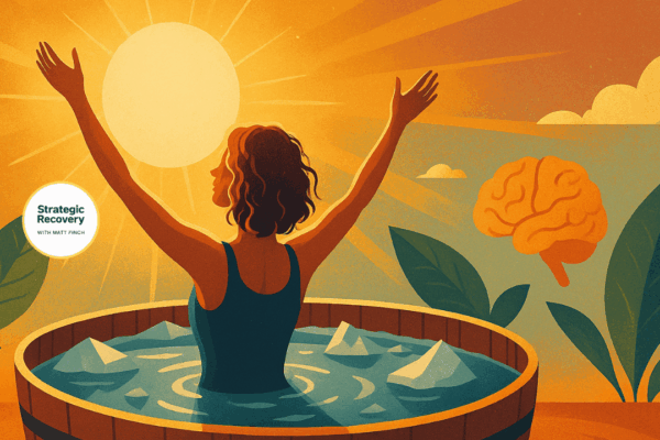 A woman rises from a large cold plunge tub at sunrise, arms raised toward the golden sky as steam and sunlight merge — symbolizing renewal, dopamine balance, and the healing power of hormesis and natural highs in addiction recovery.