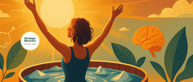 A woman rises from a large cold plunge tub at sunrise, arms raised toward the golden sky as steam and sunlight merge — symbolizing renewal, dopamine balance, and the healing power of hormesis and natural highs in addiction recovery.