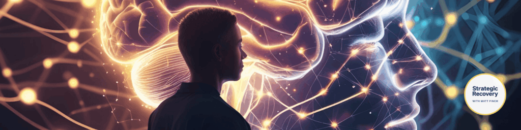 Human silhouette with glowing brain network symbolizing nervous system repair, balance, and emotional regulation.