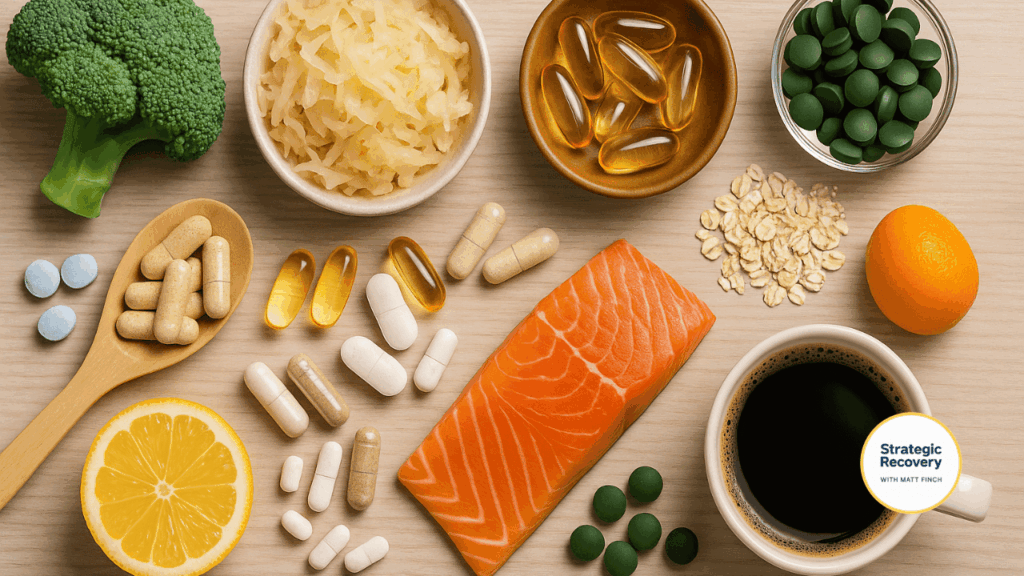 Flat lay of nutrient-rich foods and supplements — including salmon, probiotics, vitamins, minerals, and coffee — symbolizing the restoration of key nutrients depleted by alcohol use disorder.