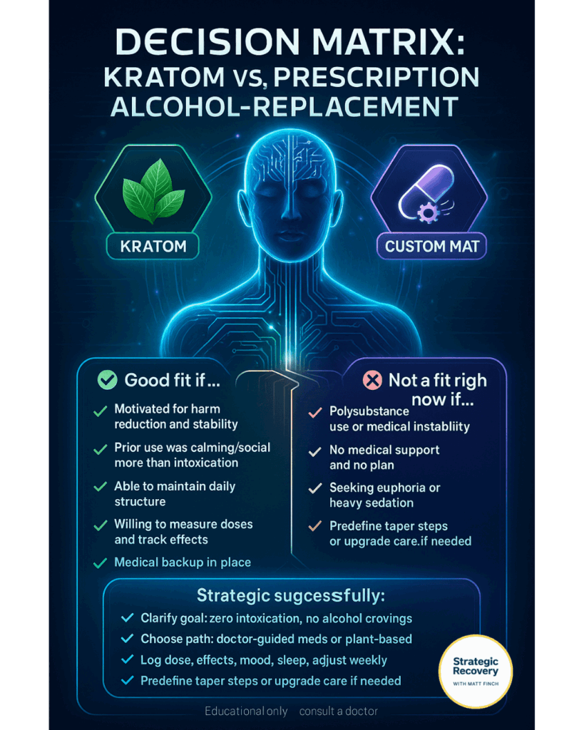 Futuristic infographic showing the human nervous system glowing with receptor pathways for GABA, dopamine, and serotonin, surrounded by visuals of medications and natural compounds like baclofen, kratom, and kava — symbolizing off-label innovation and energy balance in alcohol recovery.