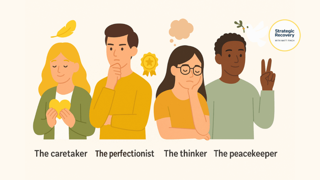 Illustration of personality types — caretaker, perfectionist, thinker, and peacekeeper — linked to psychophysiologic symptoms.