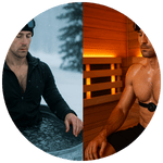 Person alternating between sauna heat and cold plunge, representing cellular rejuvenation and resilience.