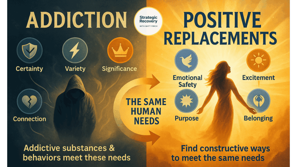 Digital infographic illustrating how addiction temporarily fulfills the Six Human Needs—certainty, variety, significance, connection, growth, and contribution—through disempowering means, contrasted with radiant, empowering ways to meet those same needs through healing, purpose, and connection.