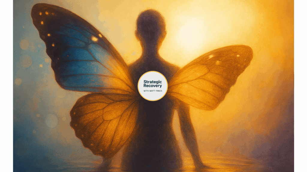 A peaceful figure floats in luminous water bathed in blue and golden light, symbolizing balance, compassion, and transcendence in the recovery journey.