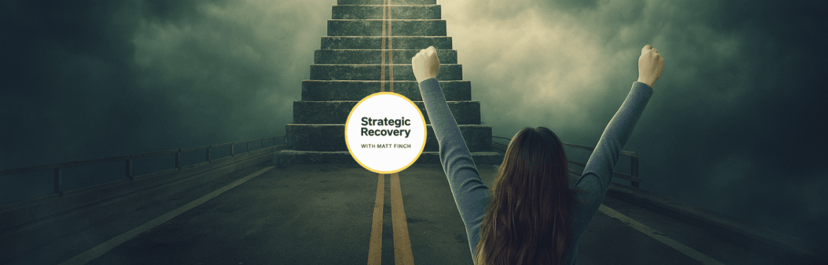 A person stands at the base of a glowing staircase ascending through clouds into radiant golden-white light, symbolizing spiritual awakening, higher consciousness, and freedom from addiction. The scene features indigo, violet, and turquoise energy waves with soft chakra-colored radiance and sacred geometric patterns.