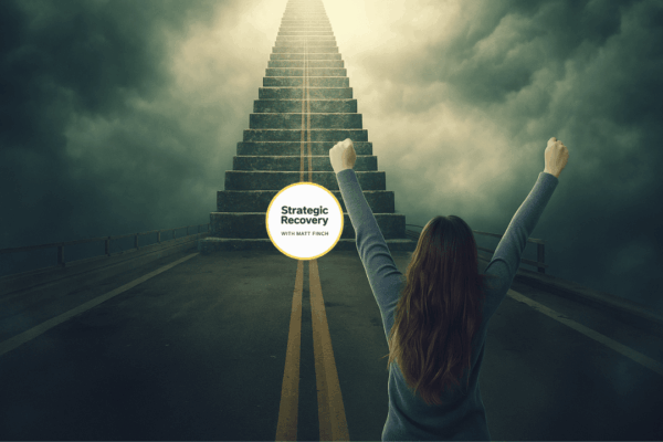 A person stands at the base of a glowing staircase ascending through clouds into radiant golden-white light, symbolizing spiritual awakening, higher consciousness, and freedom from addiction. The scene features indigo, violet, and turquoise energy waves with soft chakra-colored radiance and sacred geometric patterns.