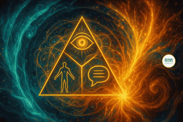 โRadiant golden triangle representing the Emotional Triad of Physiology, Focus, and Language surrounded by luminous blue and gold energy fields symbolizing state transformation and recovery.โ
