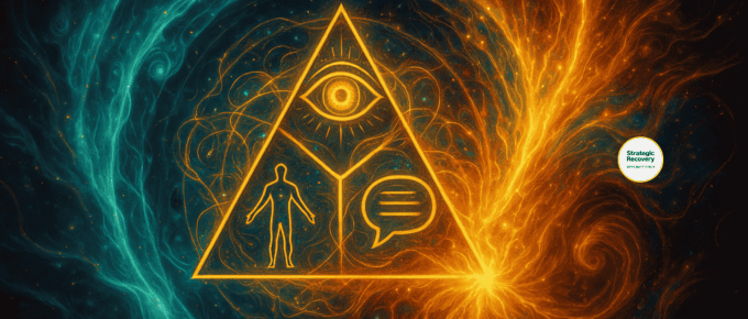 “Radiant golden triangle representing the Emotional Triad of Physiology, Focus, and Language surrounded by luminous blue and gold energy fields symbolizing state transformation and recovery.”