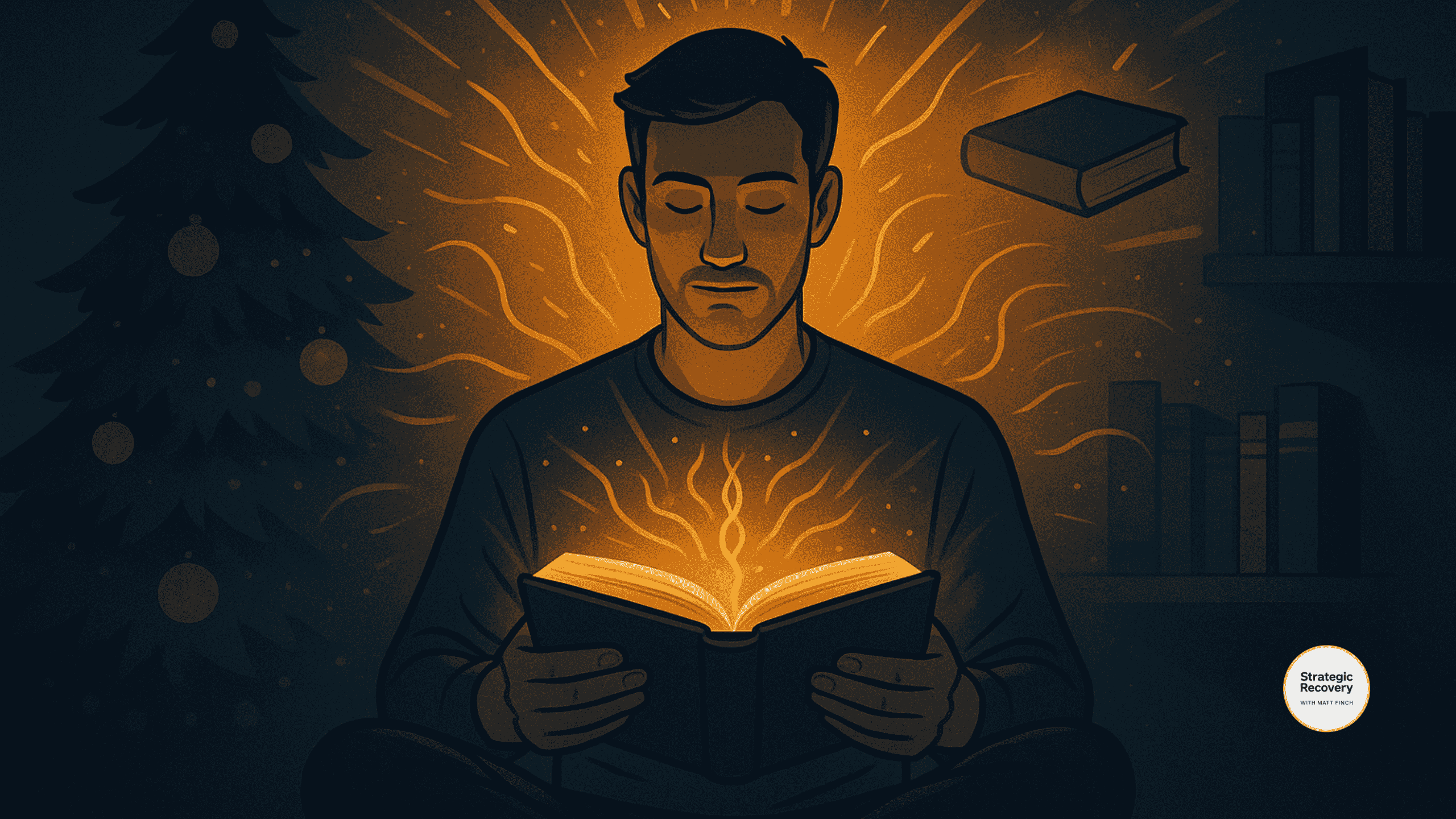 Illustration symbolizing a transformative reading moment: a man illuminated by a glowing book, surrounded by radiant energy, a Christmas tree, and floating books to represent awakening and personal development.