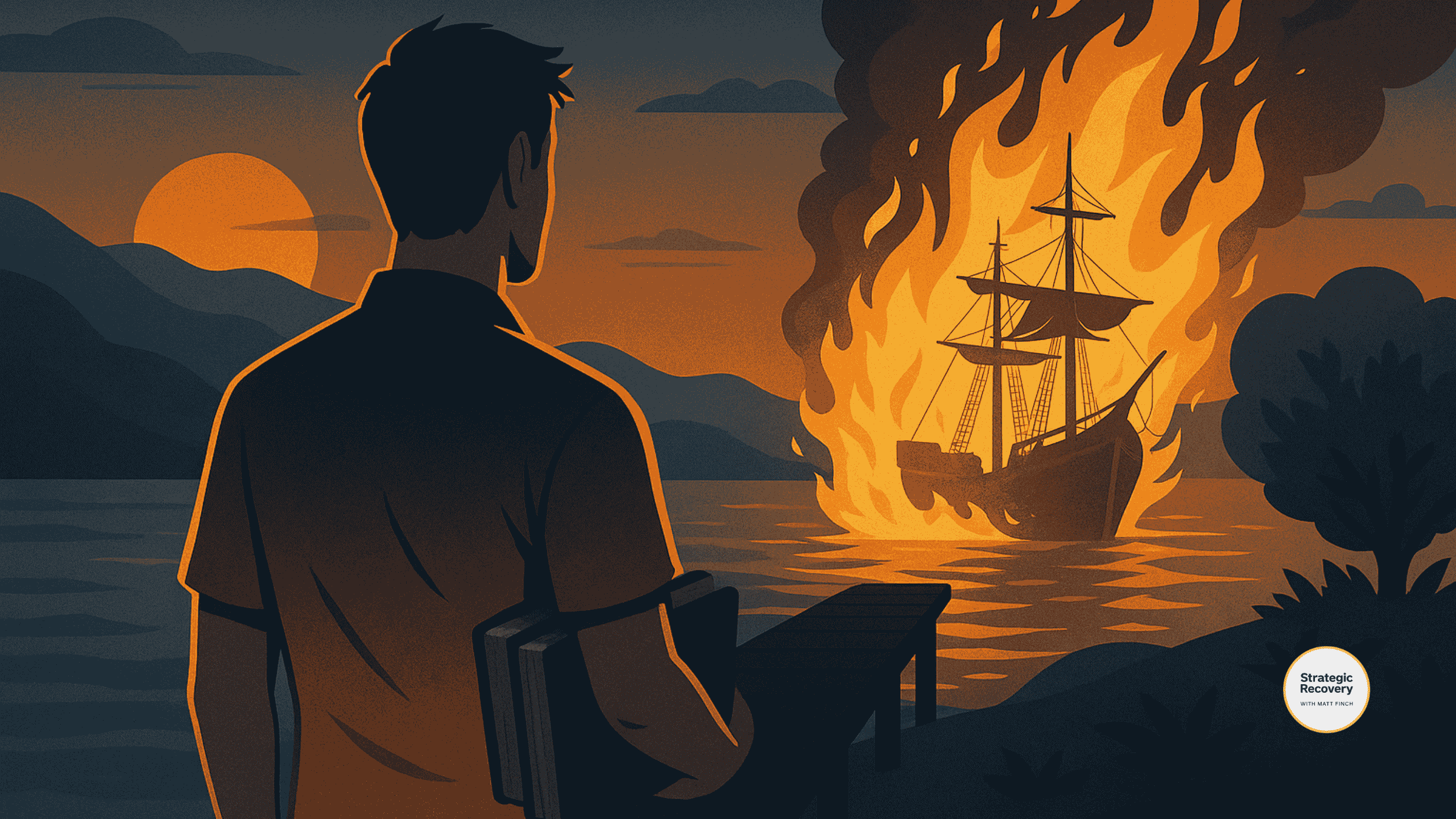 Illustration of a man on a dock watching an old ship burn at sunset, symbolizing burning the ships, leaving the clinic harbor, and committing to a new path in holistic healing and entrepreneurship.
