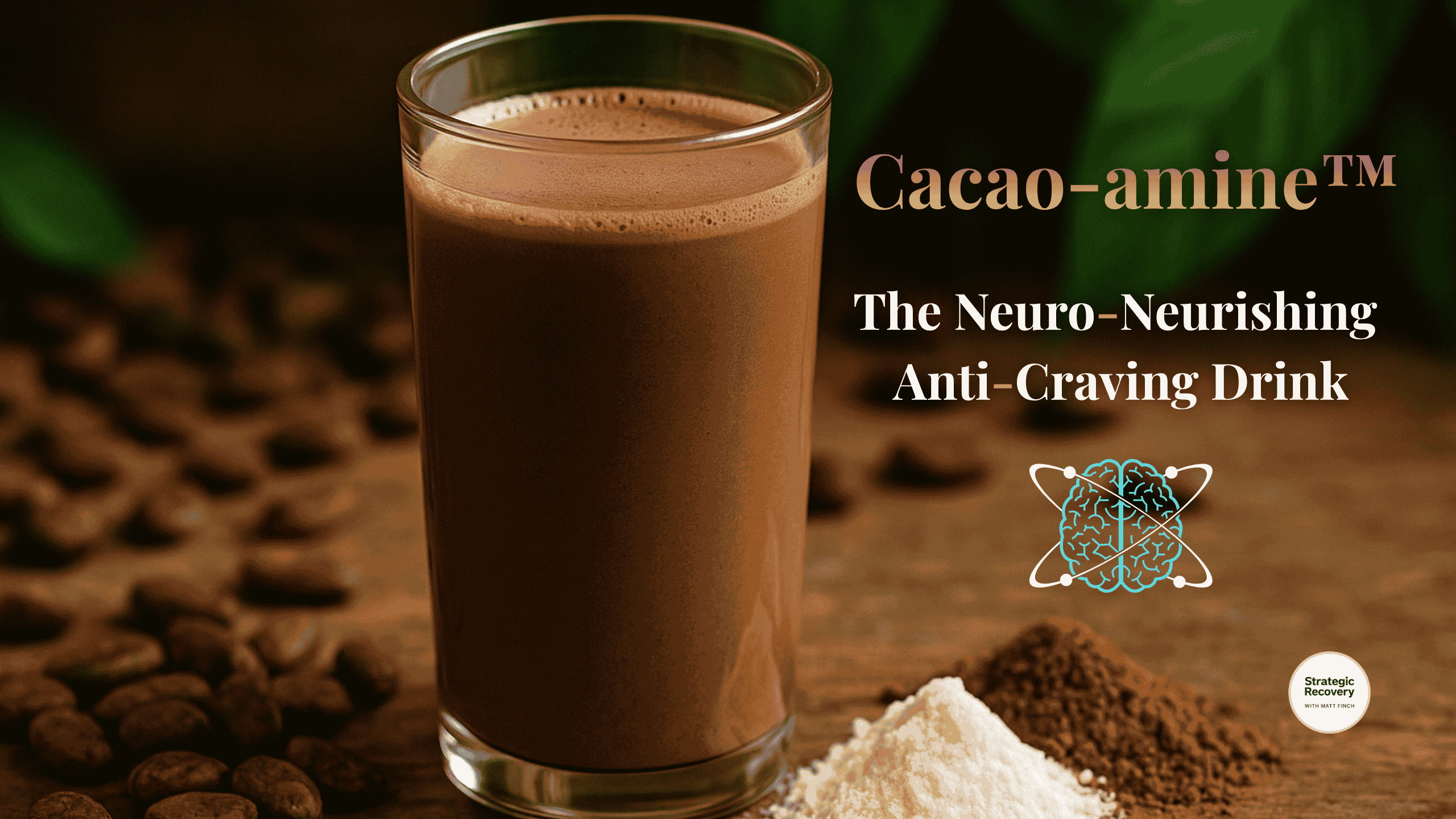 Cacao-amine drink in a glass with cacao and glutamine accents — the anti-craving elixir for recovery