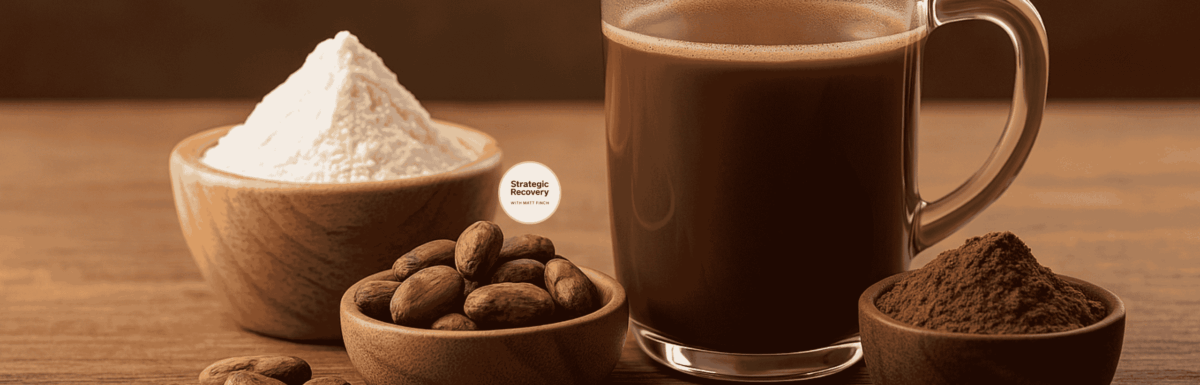 Cacao-amine drink with cacao beans, cacao powder, and L-glutamine powder on a wooden table — a natural, mood-balancing recovery blend.