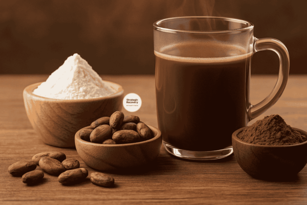 Cacao-amine drink with cacao beans, cacao powder, and L-glutamine powder on a wooden table — a natural, mood-balancing recovery blend.