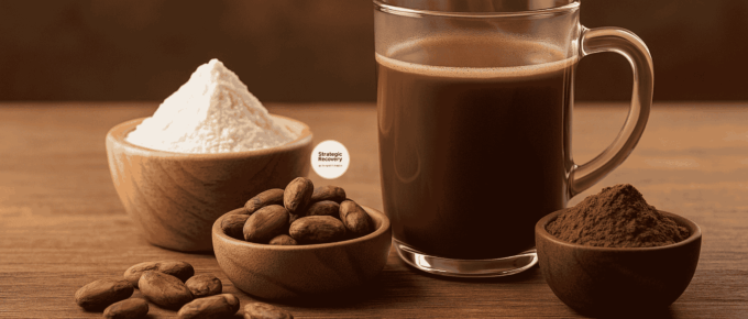 Cacao-amine drink with cacao beans, cacao powder, and L-glutamine powder on a wooden table — a natural, mood-balancing recovery blend.