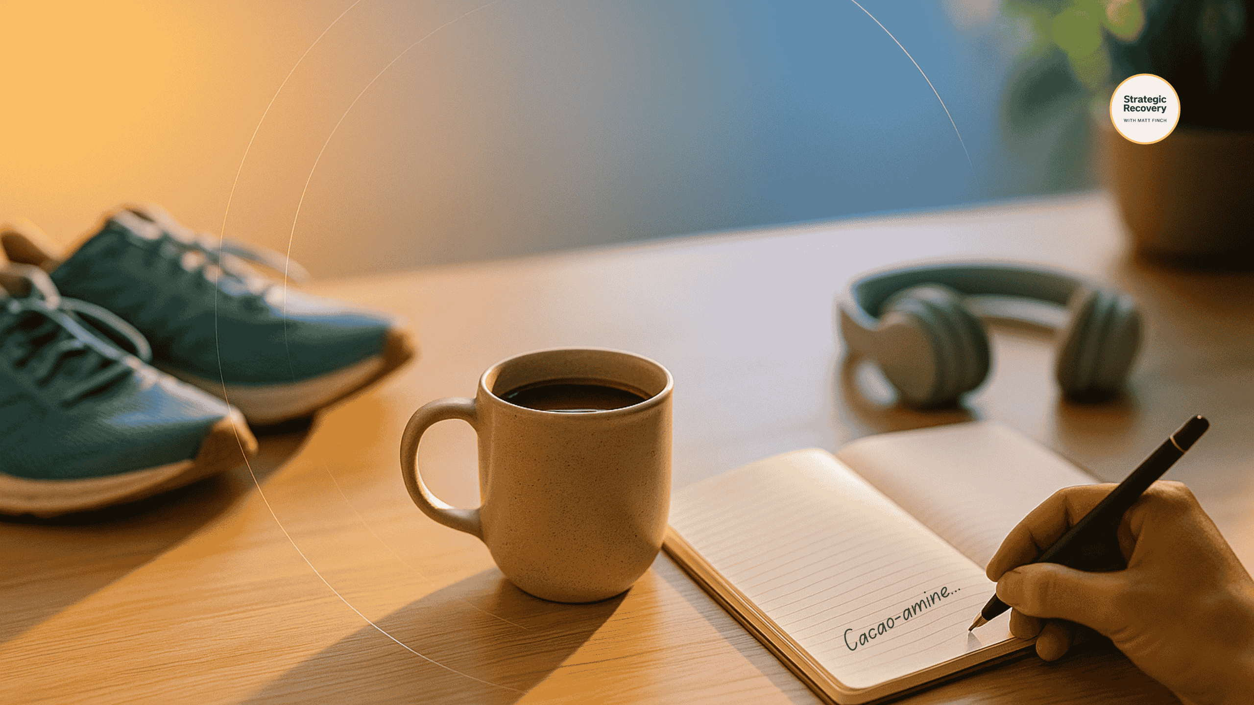 Cacao-amine daily ritual scene with mug, journal, and calming light from morning to evening