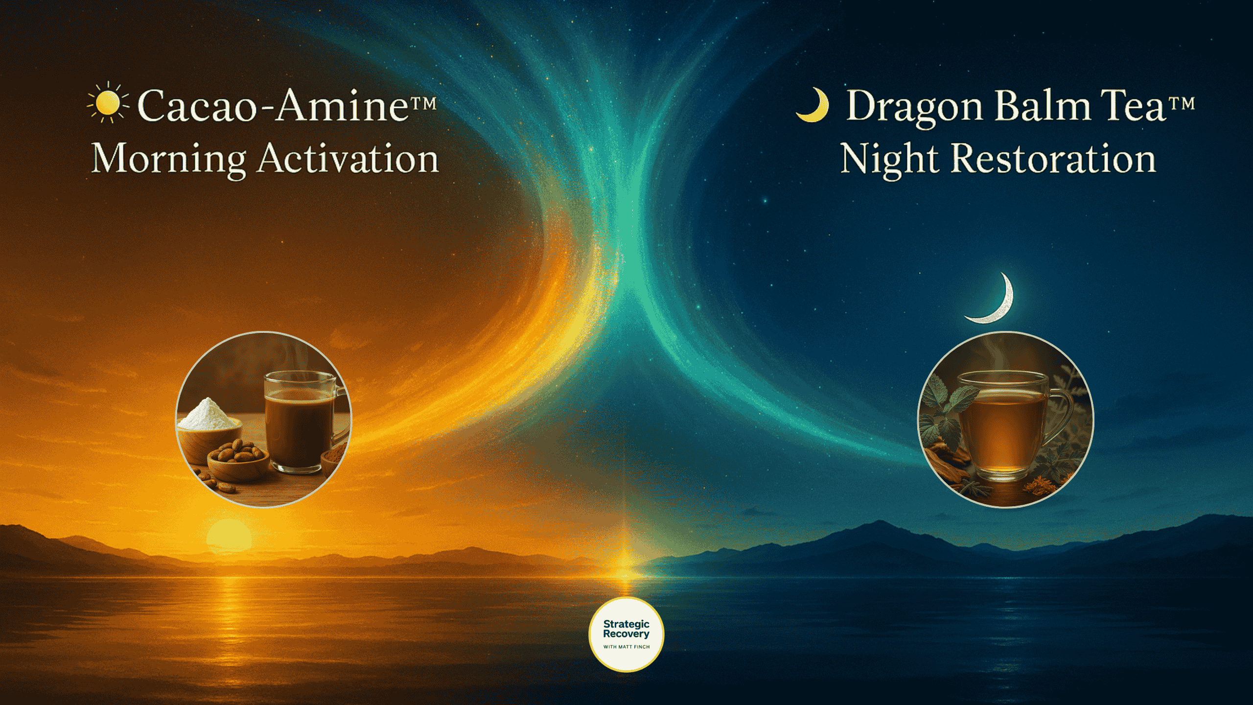 Illustration of the 24-Hour Nervous System Circuit showing sunrise with Cacao-Amine™ Morning Activation and moonrise with Dragon Balm Tea™ Night Restoration, symbolizing energy balance between day and night.