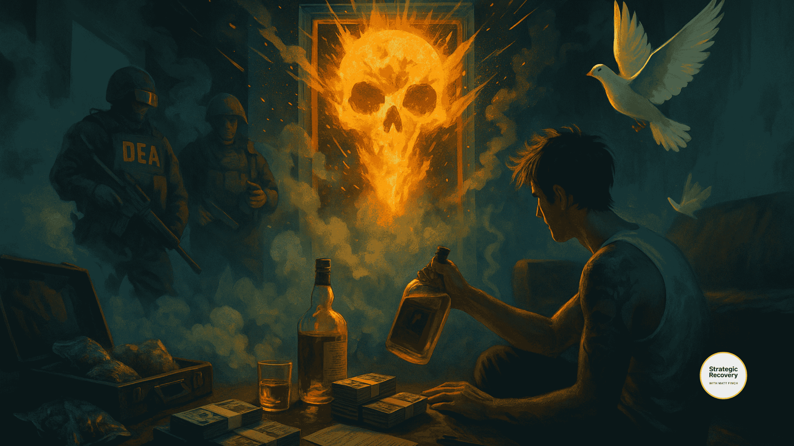 Surreal symbolic artwork of a DEA raid merged with fear, hallucinations, and a fragile second chance emerging.