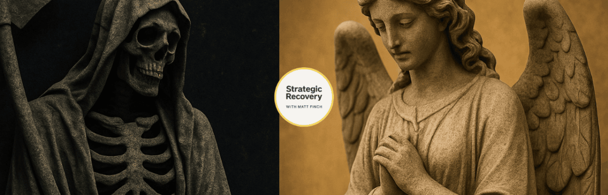 Stone statues of the Grim Reaper and a praying angel side by side, symbolizing the contrast between addiction death and recovery hope.