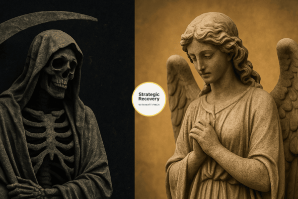Stone statues of the Grim Reaper and a praying angel side by side, symbolizing the contrast between addiction death and recovery hope.