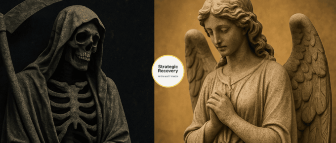 Stone statues of the Grim Reaper and a praying angel side by side, symbolizing the contrast between addiction death and recovery hope.