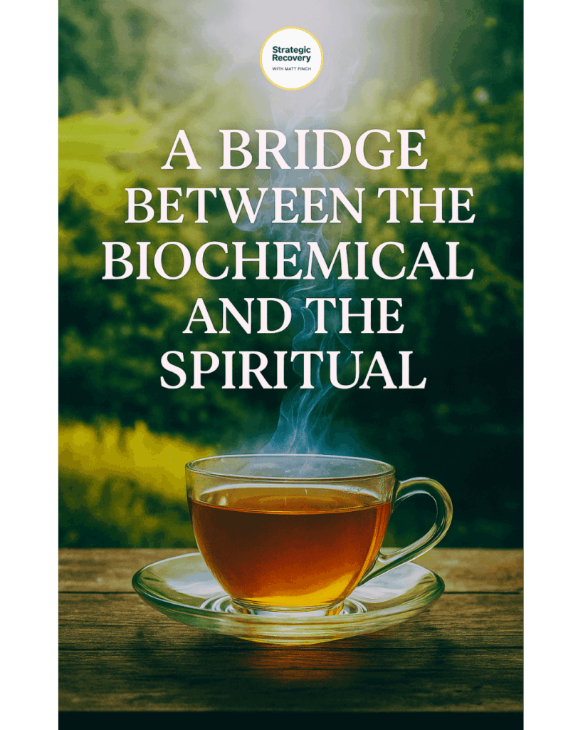 Mystical steaming cup of Dragon Balm Tea glowing in golden light, symbolizing the bridge between chemistry and consciousness in holistic recovery.