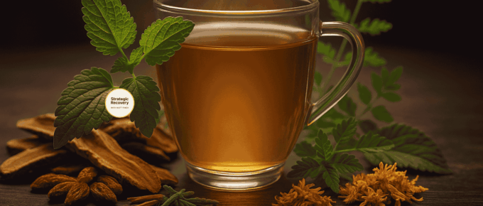 A steaming glass cup of golden herbal tea surrounded by lemon balm leaves, goji berries, reishi slices, and other Chinese tonic herbs under warm evening light, symbolizing the calming and restorative essence of Dragon Balm Tea™.