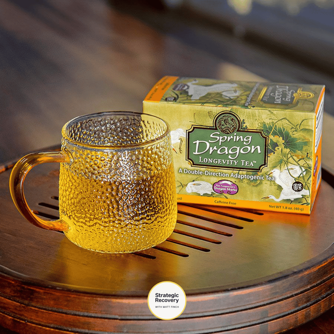 Spring Dragon Longevity Tea by Dragon Herbs – a golden adaptogenic tonic rich in Jiaogulan and tonic herbs to promote vitality, balance, and nervous system restoration.