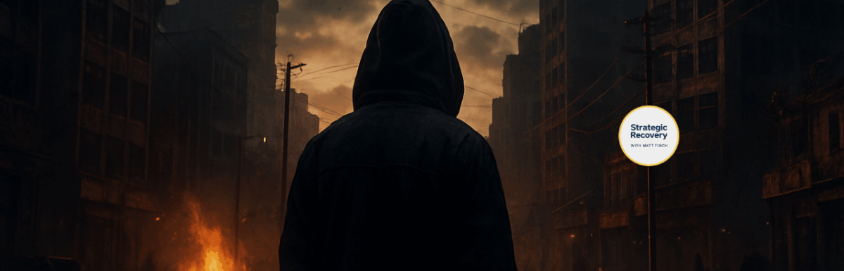 A dramatic dystopian cityscape at dusk with a hooded figure facing collapsing buildings and rising fire, symbolizing global crisis and the density shift discussed in Episode 24 of Strategic Recovery with Matt Finch.